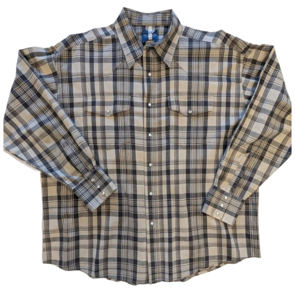 Men's Wrangler Plaid Casual Pearl Snap Button Down Shirt XL Beige Black Western